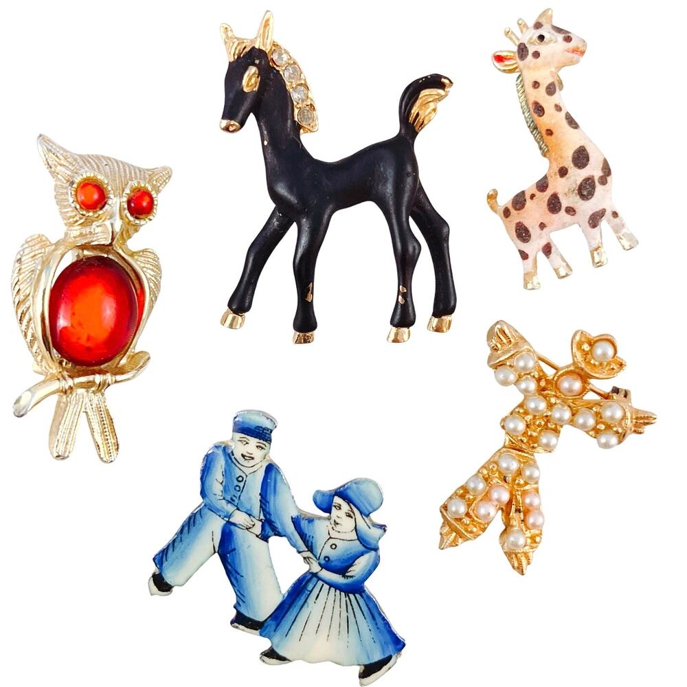 Vintage Enamel & Pearl Figural Brooch Lot - Owl, Horse, Giraffe, Clown, Dutch